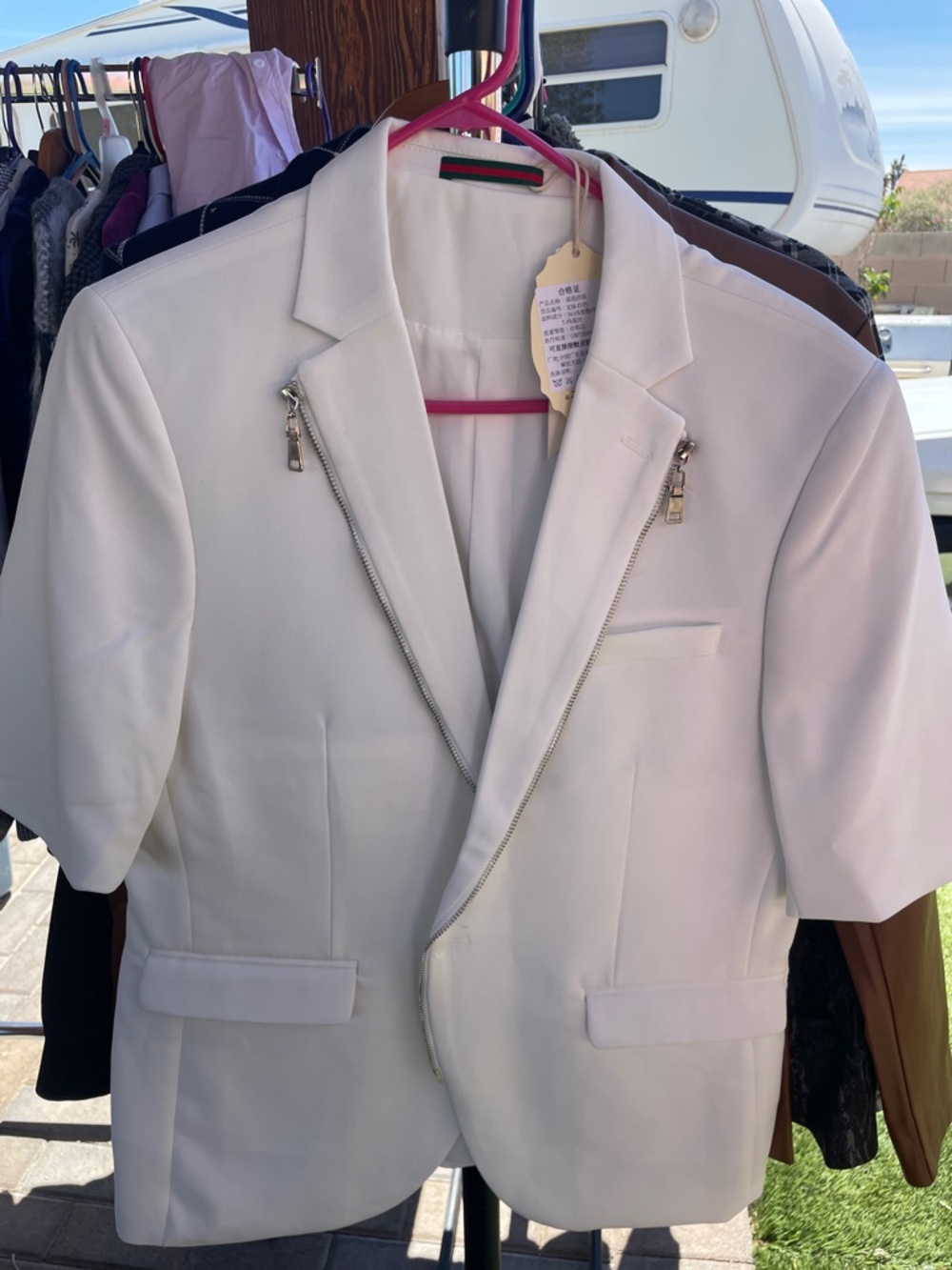 White Short-Sleeve Men's Blazer with Zip Detail